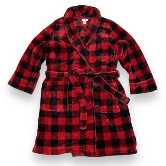 Kid's Large Plush Robe Buffalo Plaid Bathrobe Red Black Check Belted Unisex - Picture 1 of 11